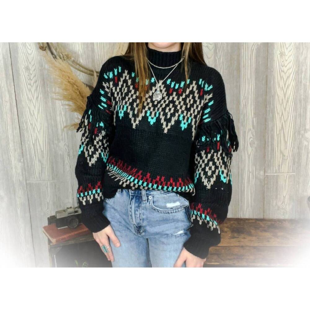 NEW PANHANDLE women's turtleneck sweater with fringe in black